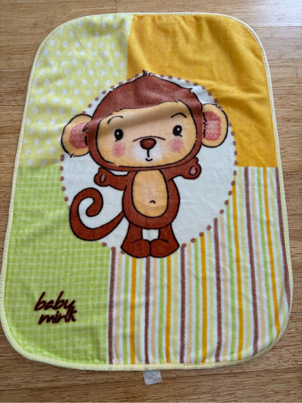 Vintage Baby Mink Monkey Blanket Fleece Yellow Green Stripe 31" x 48"